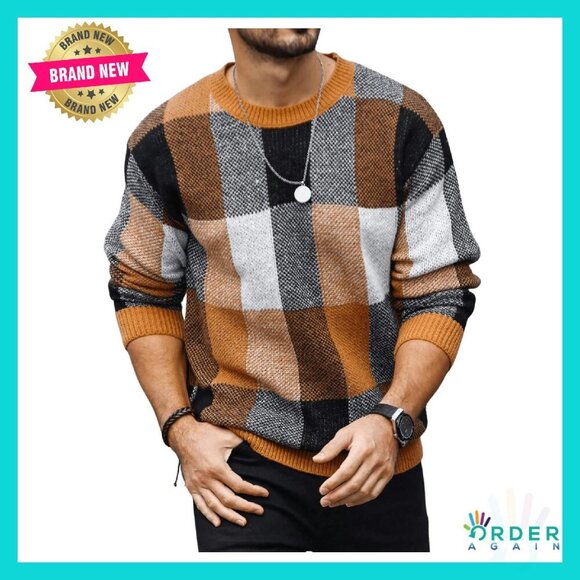 Other - Color Block Plaid Pullover Sweater Long Sleeve Crew Neck Classic Preppy